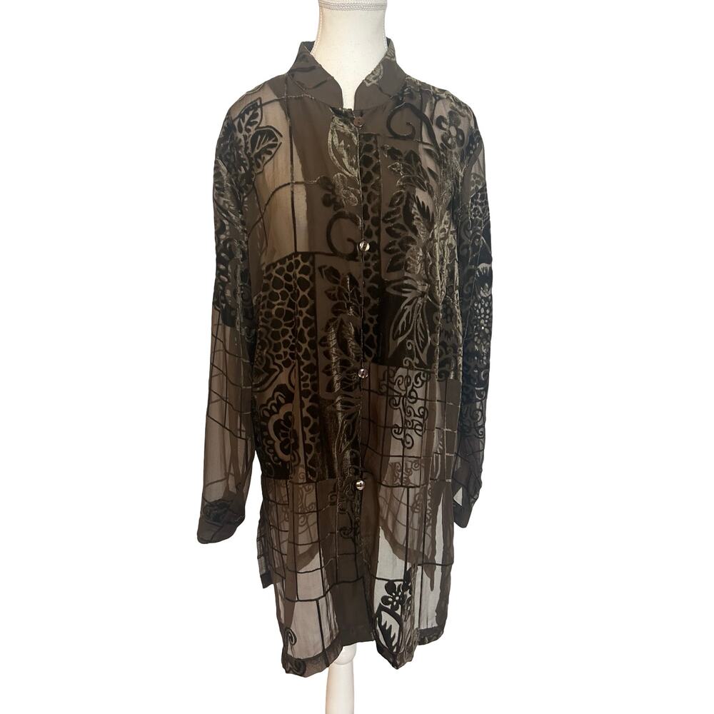 Coldwater Creek Burnout Velvet Duster Blouse Sheer Mocha Floral Y2K - Picture 2 of 15
